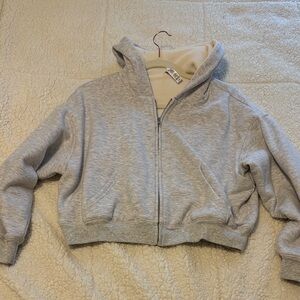 Skims Cotton Fleece Waffle Lined Cropped Zip Up Hoodie Light Heather Grey size L